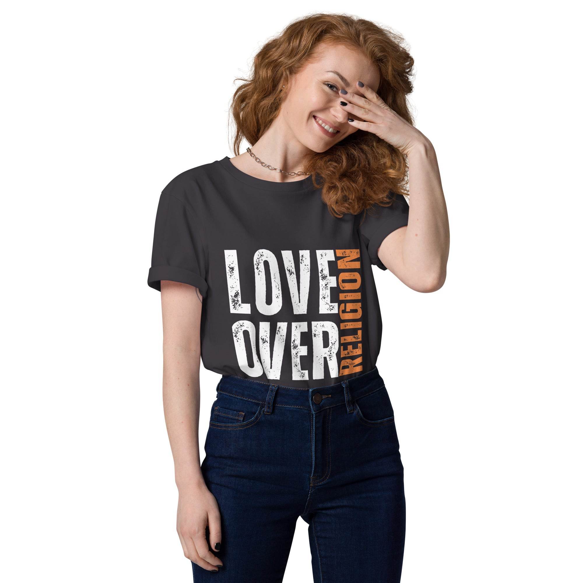 Model wearing eco-friendly organic print-on-demand T-shirt outdoors