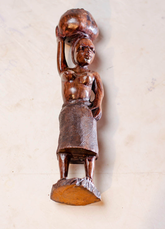 AFRICAN MAIDEN WOMAN CARRYING WATER ON HER HEAD - MADE OF IRON WOOD - PRODUCT PARADISE STORE