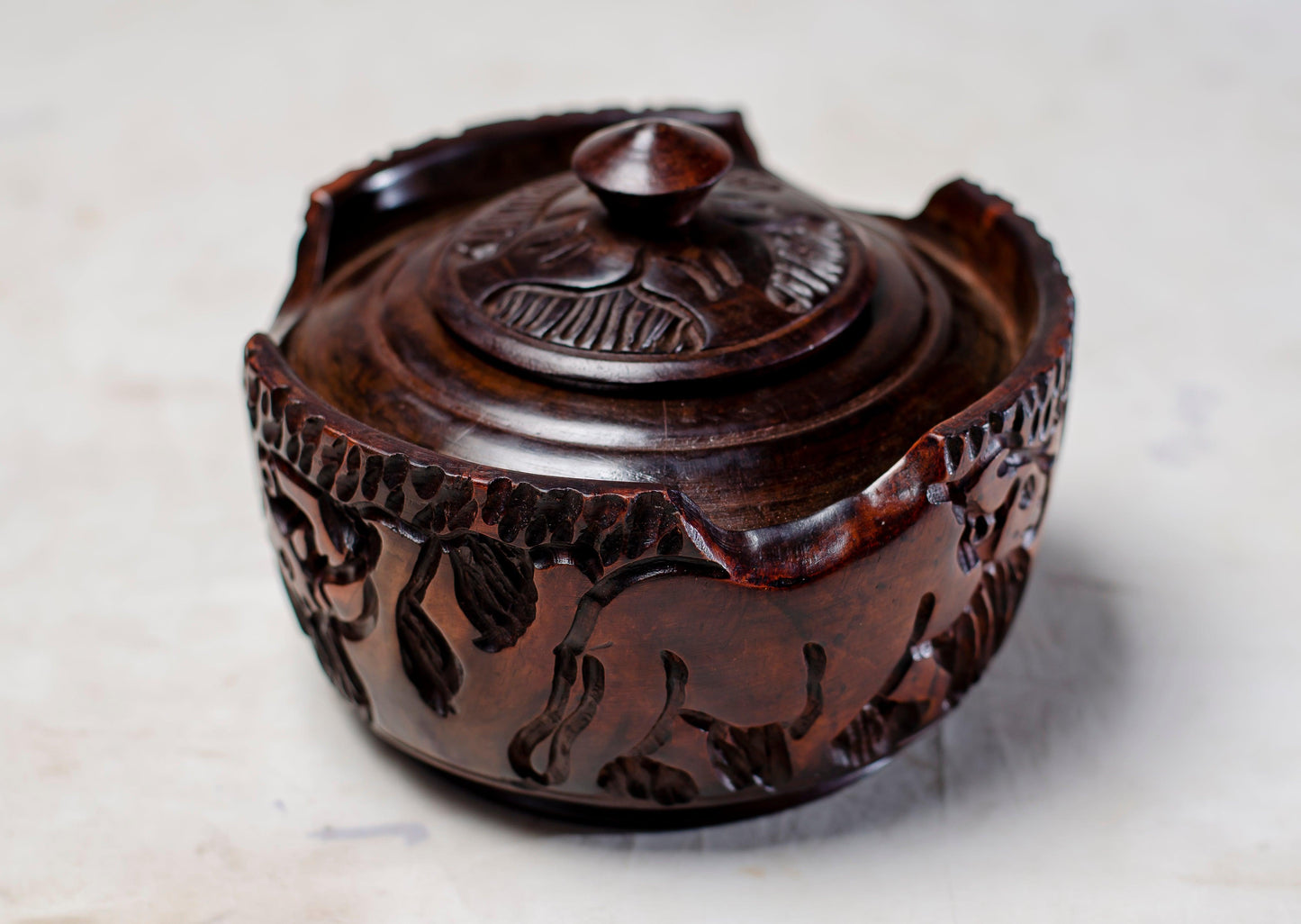 WOODEN JEWELRY/SUGAR BOWL MADE OUT OF MOPANE WOOD