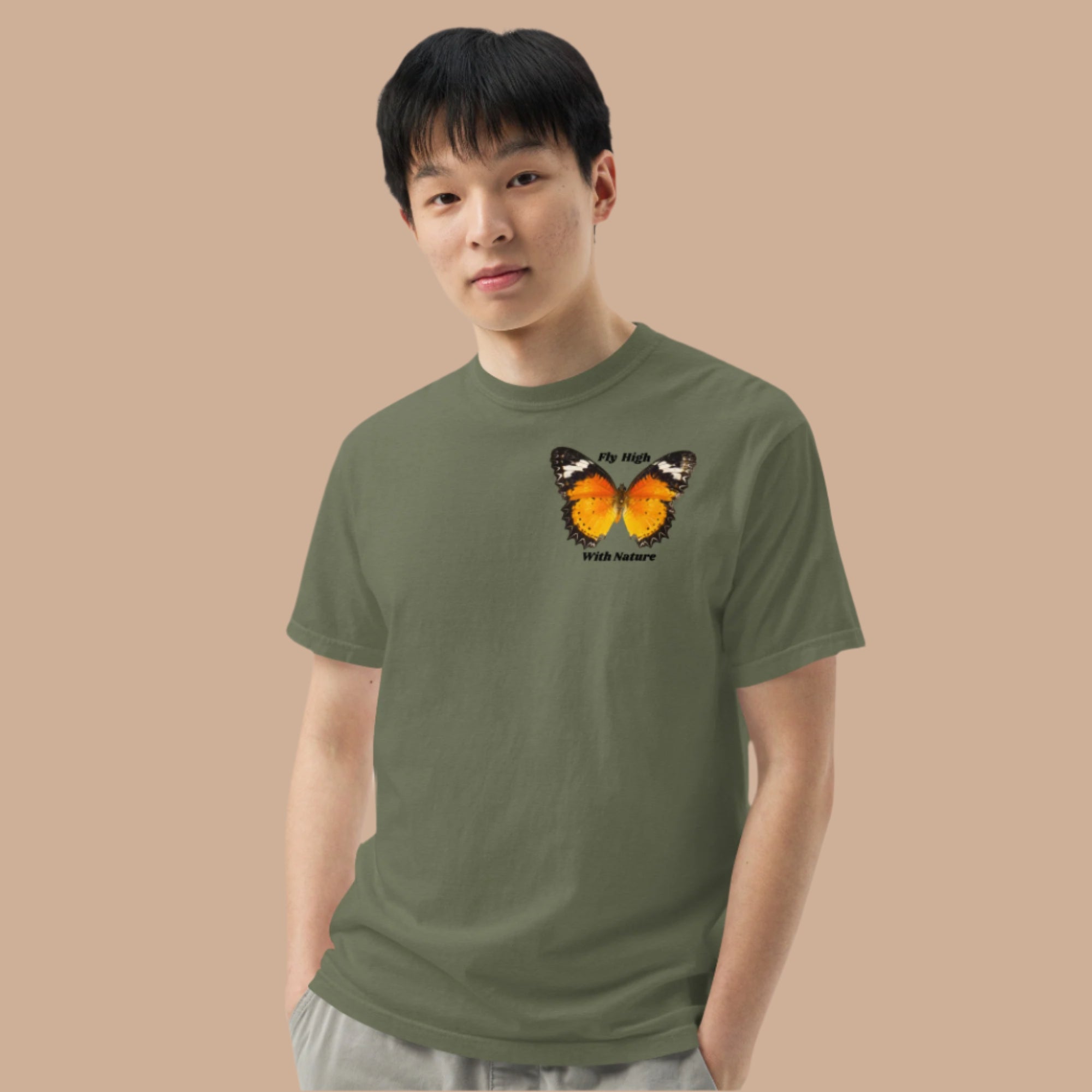 green t-shirt with a butterfly 